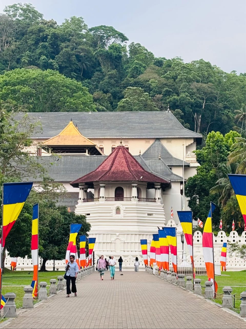 a white building with a gold roof with Temple of the Tooth in the background