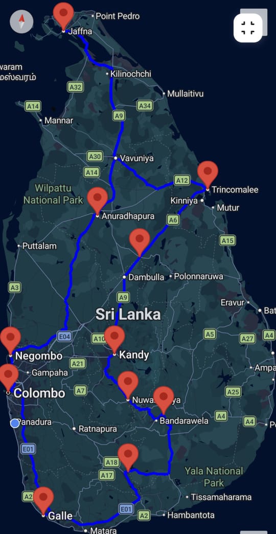 Lotus Tour route map showing the full loop across Sri Lanka