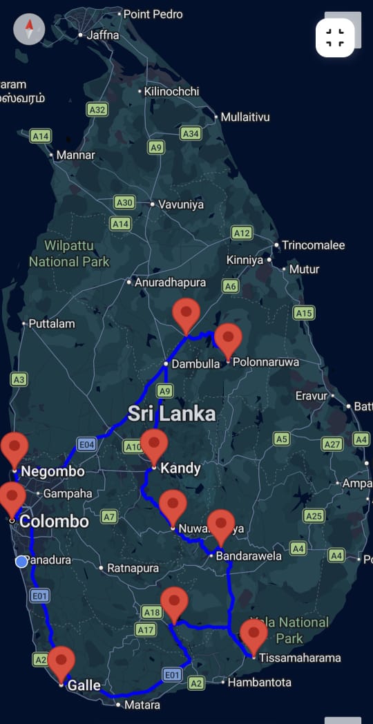 Blue Lily Tour route map across Sri Lanka