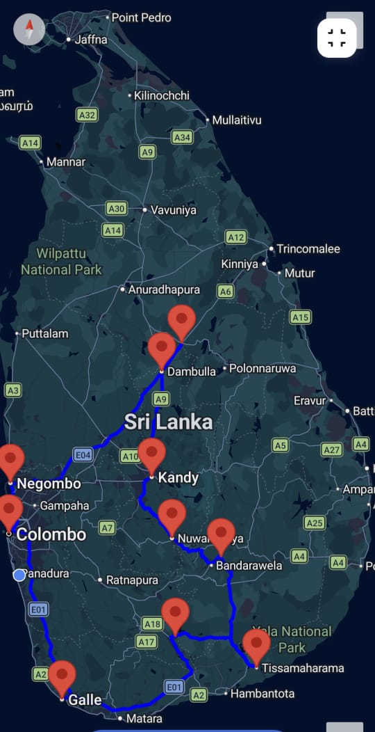 Jasmine Tour route map across Sri Lanka