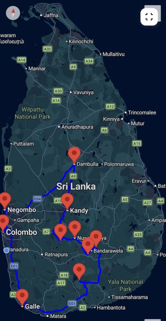 Adventure & Culture Tour route map across Sri Lanka